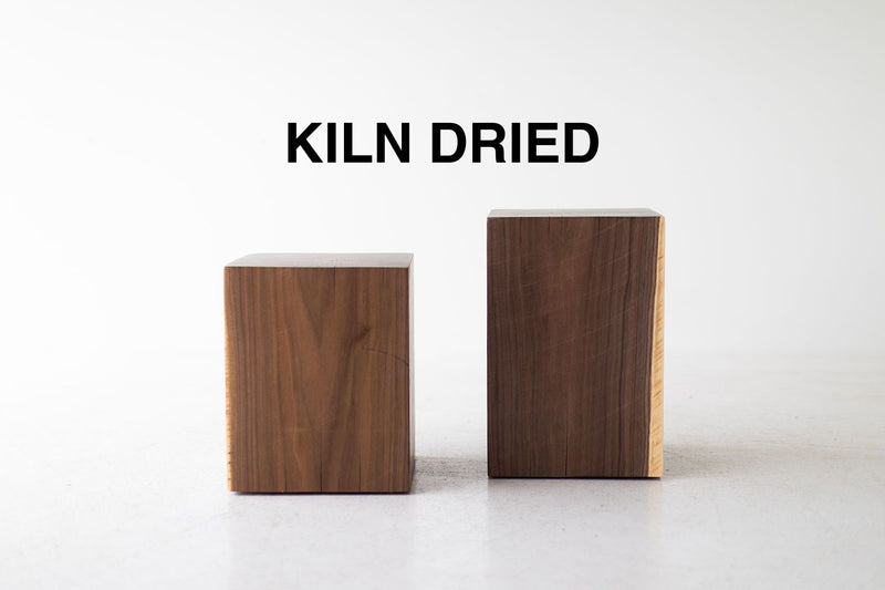 Modern wood side table in walnut, front view