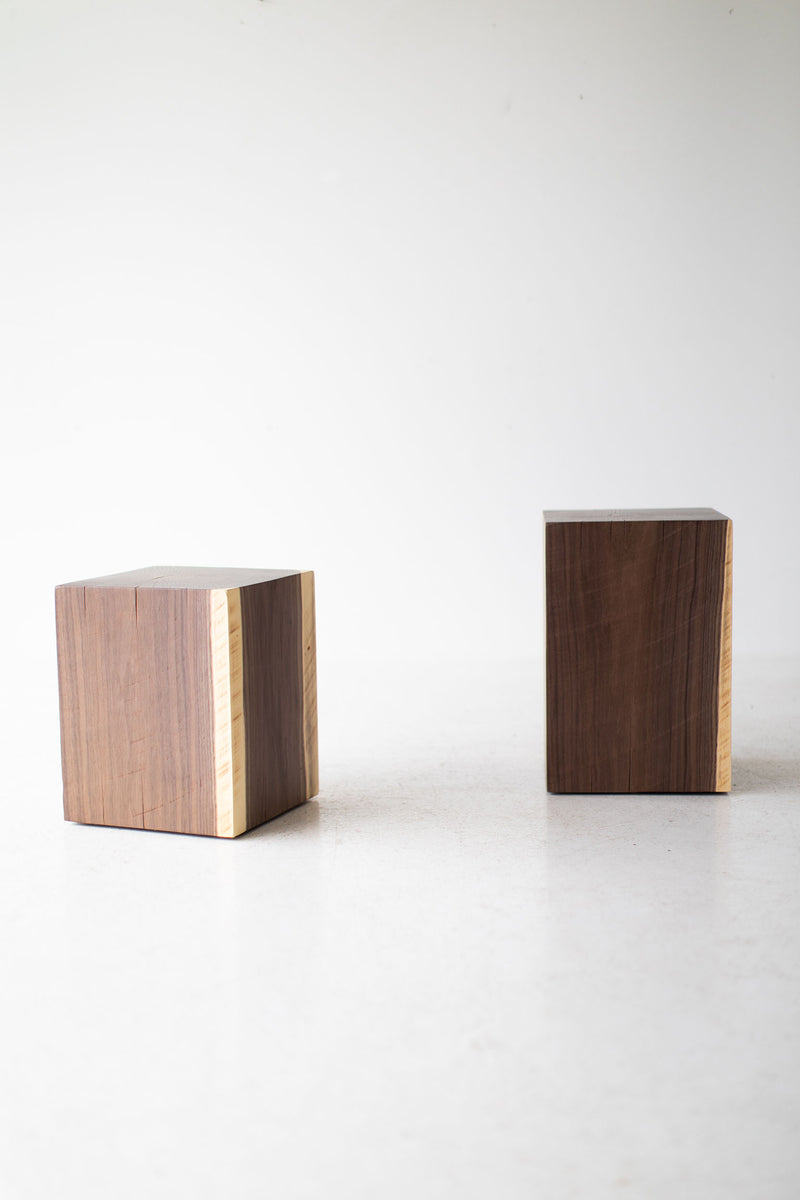Walnut side table styled outdoors on a patio