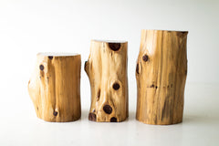 Three natural outdoor red cedar stump tables side by side