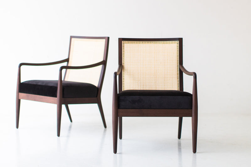 Modern luxury walnut and cane lounge chair, the Peabody cane back armchair, front view