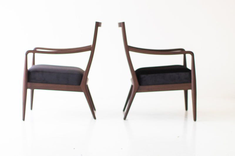 Side profile of the modern Peabody cane back lounge chair in solid walnut