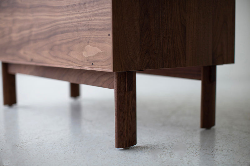 Angled view of the modern credenza showing its proportions