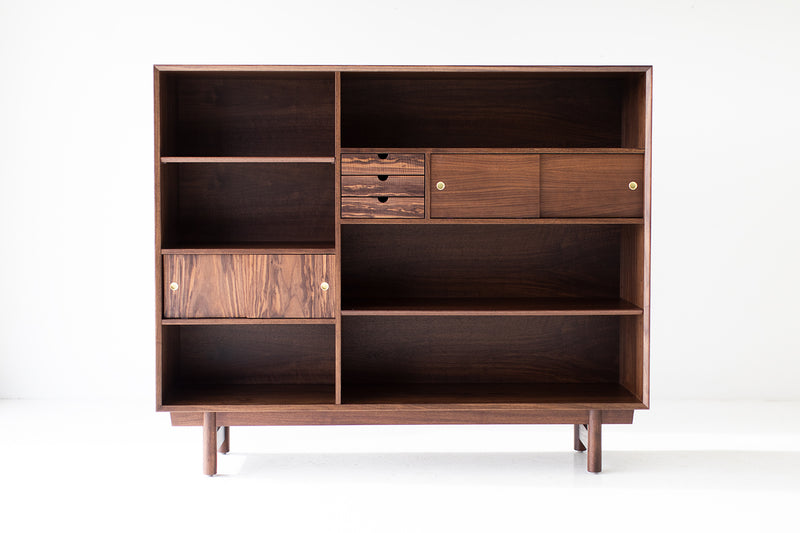 Modern luxury walnut Peabody bookcase, front view