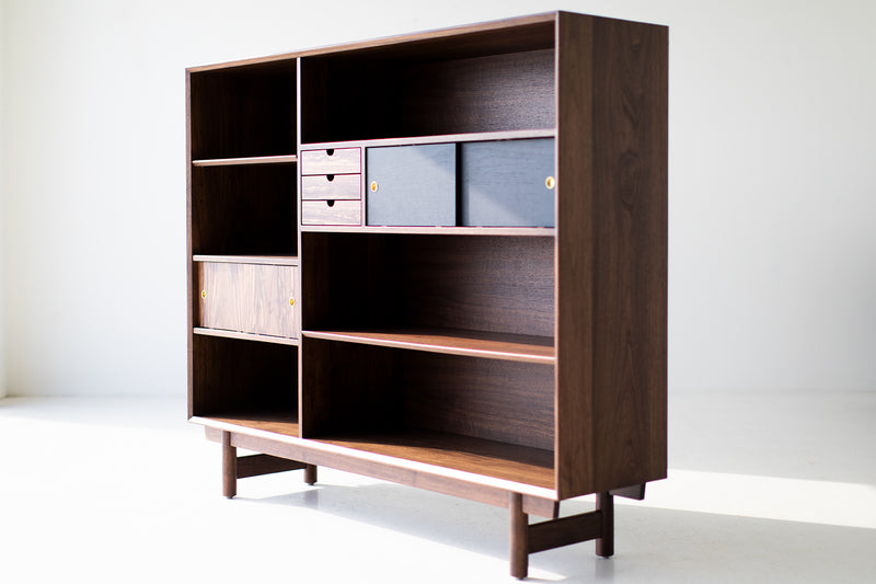 Side profile of the modern Peabody walnut bookcase