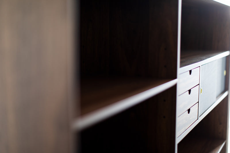 Peabody walnut bookcase shown with doors open