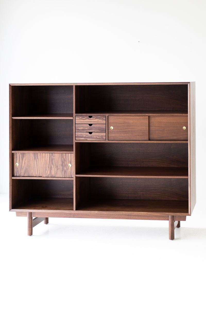 Modern luxury Peabody walnut bookcase styled in a modern interior