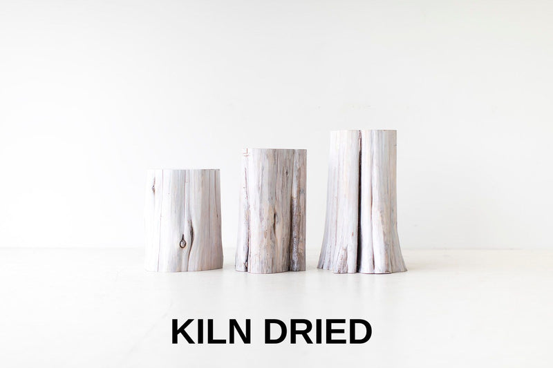 Handmade red cedar tree stump side table with white-wash finish