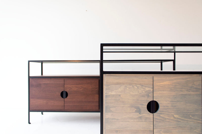 Modern luxury walnut credenza styled in a living room
