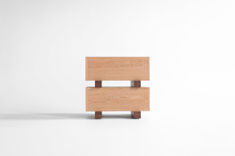 Modern luxury white oak Santa Fe nightstand photographed against a white backdrop
