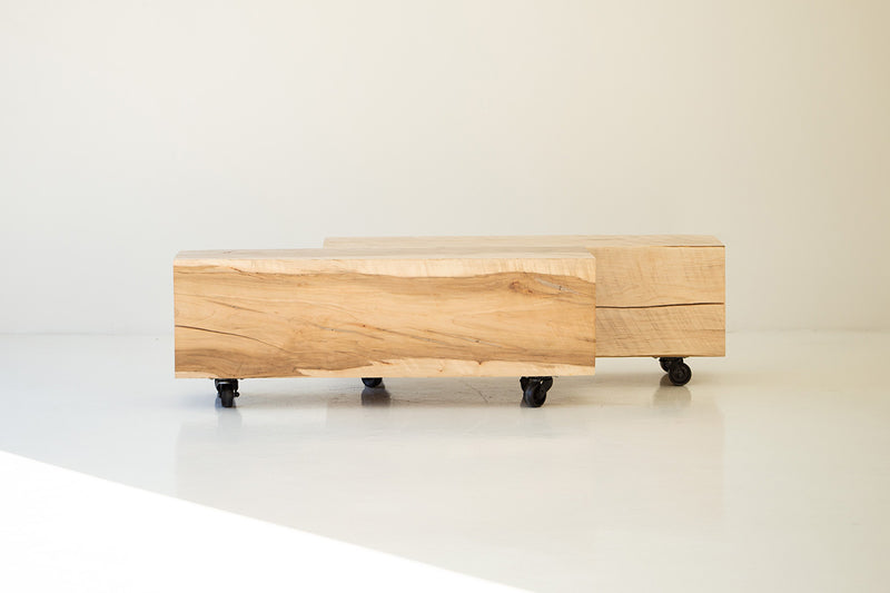 Aspen modern wood coffee table on castors, front view