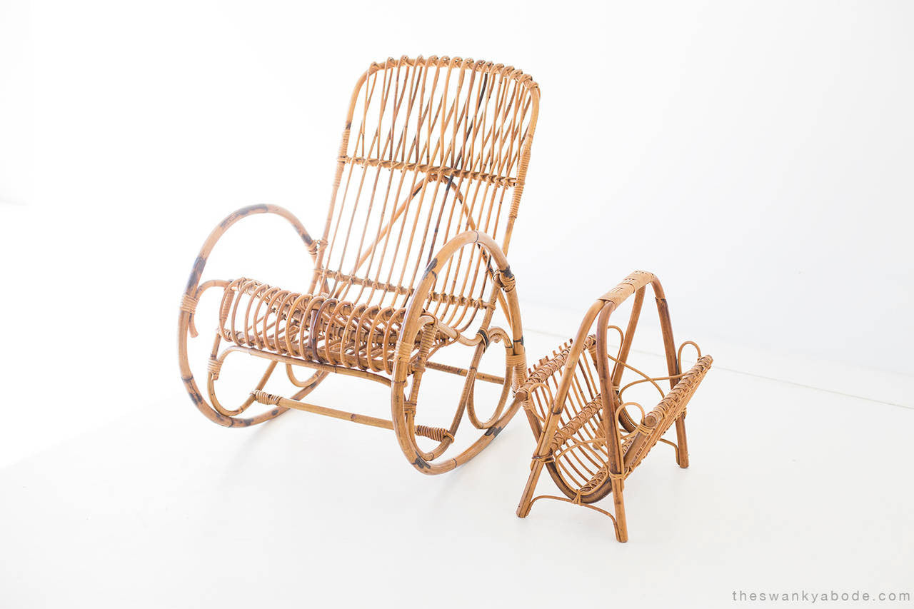 Franco Albini Style Wicker Rocking Chair and Magazine Rack - 01911616