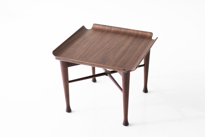Modern Peabody walnut side table styled in a living room vignette