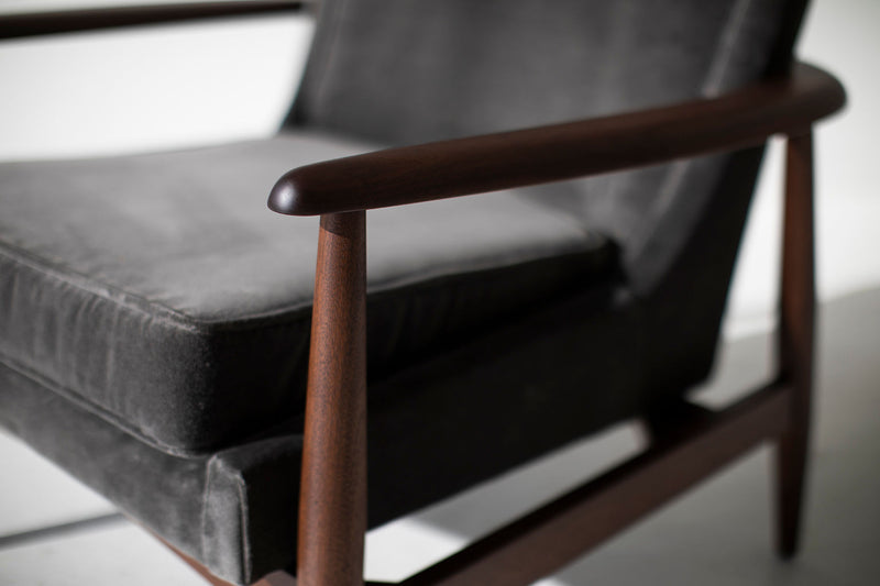 Angled view of the modern Peabody wing chair