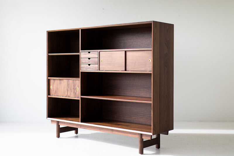 Peabody walnut bookcase interior shelving detail