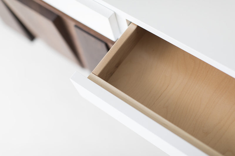 Close-up of the walnut wood grain on this modern credenza