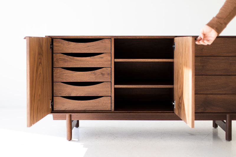 Side profile of the modern luxury walnut Peabody credenza