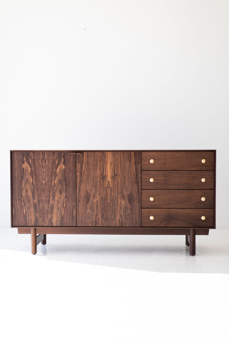 Close-up of the Claro walnut veneer on the modern luxury Peabody credenza doors