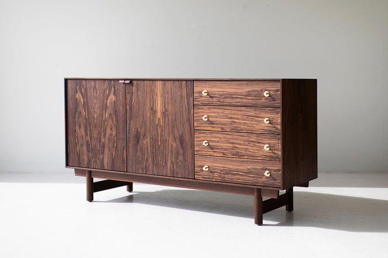 Angled view of the modern luxury walnut Peabody credenza