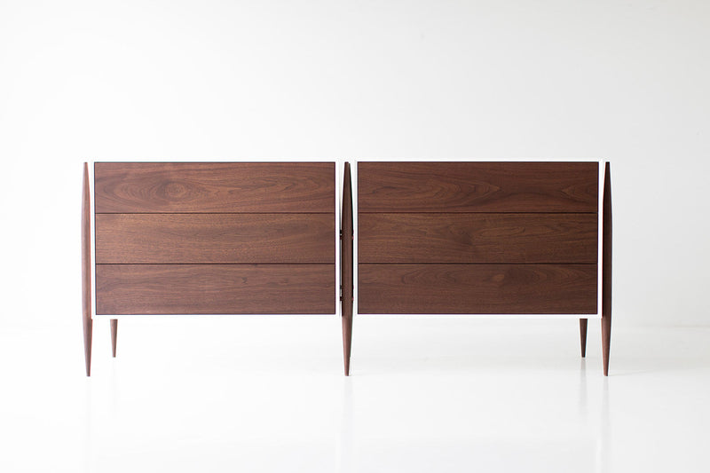 Modern luxury Cambre walnut dresser showing hand-shaped solid walnut drawer fronts