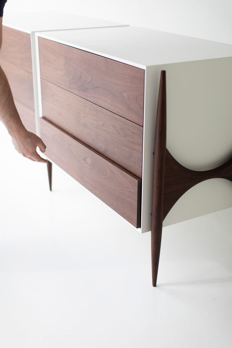 Open drawer view of a modern luxury Cambre walnut dresser
