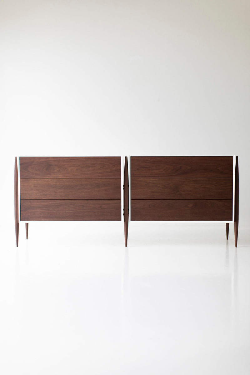 Close-up of the drawer pulls on a modern luxury Cambre walnut dresser