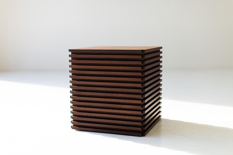 Modern luxury slatted walnut end table, The Cicely, front view