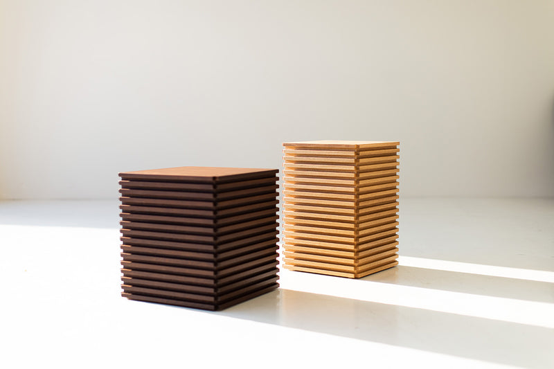 Close-up of the slatted walnut sides