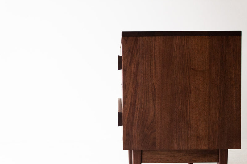 Modern luxury solid walnut nightstand by Bertu Home, shown at an angle
