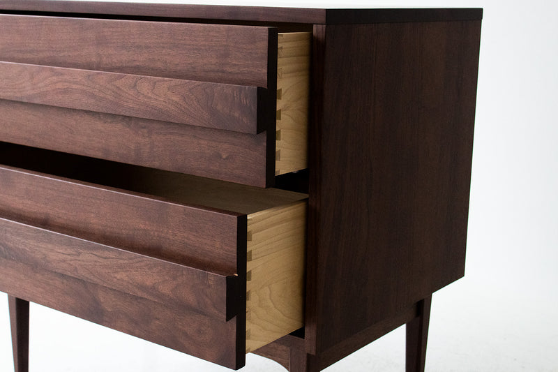 Side profile of the modern luxury walnut nightstand by Bertu Home
