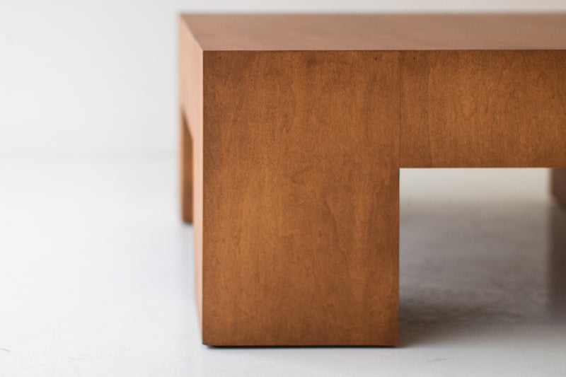 Detail of the caramel matte commercial-grade finish on the Mondo coffee table