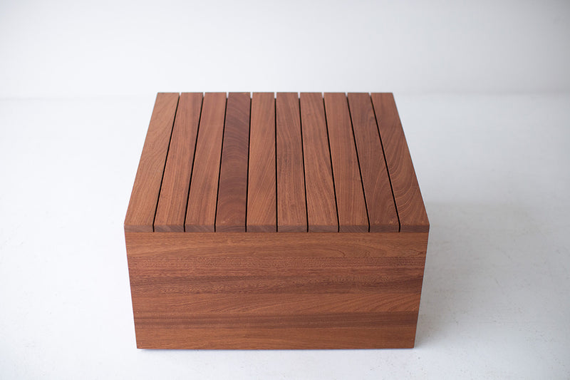 Organic modern slatted sapele mahogany outdoor end table by Bertu Home, front view