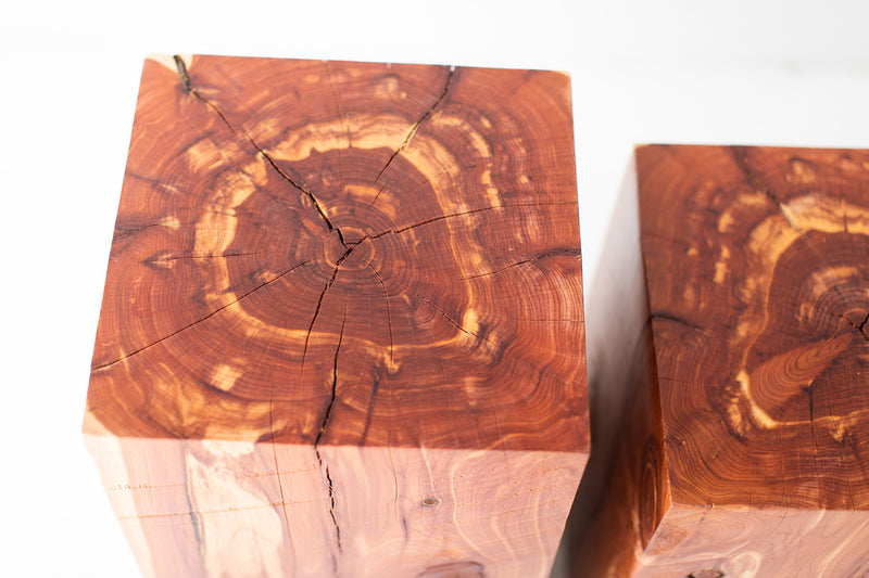 Modern luxury square red cedar stump table styled on an outdoor patio