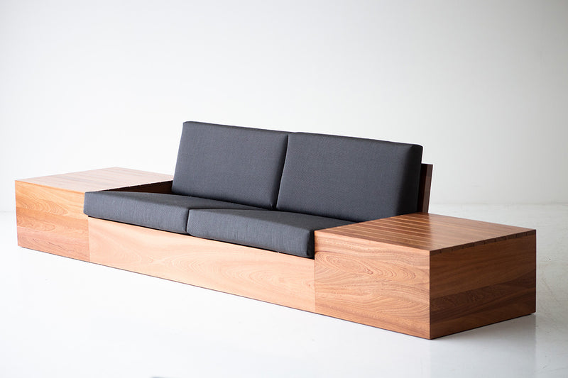 Modern luxury Bali outdoor sofa with side tables in Sapele mahogany, front view