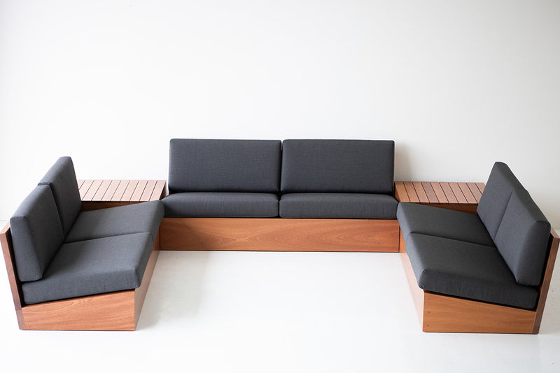 Modern luxury Bali U-shaped outdoor sectional in Sapele mahogany, front view