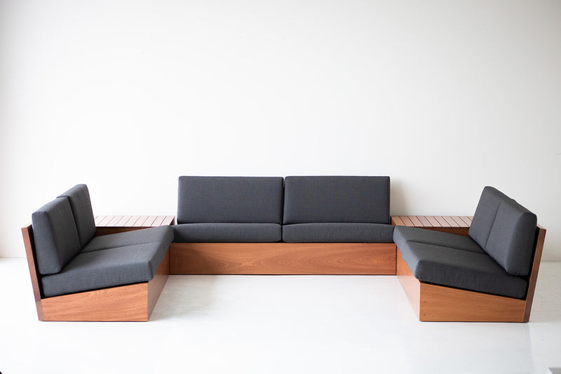 Modern luxury Sapele mahogany sectional styled in a bright outdoor space