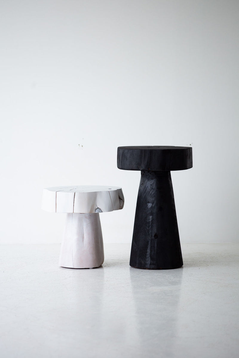 The Summit wood stump side table styled in an organic modern living room