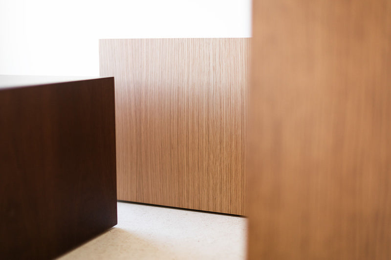 Modern white oak side table, angled view of the hand-mitered box form