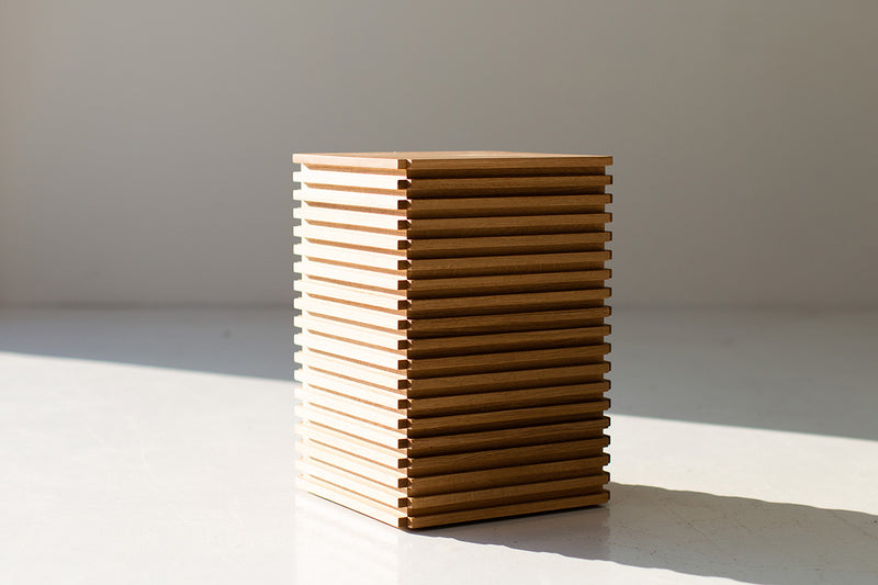 Modern luxury slatted white oak side table, The Cicely, front view