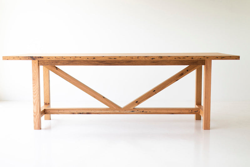 Modern luxury solid oak farmhouse dining table by Bertu Home, front view