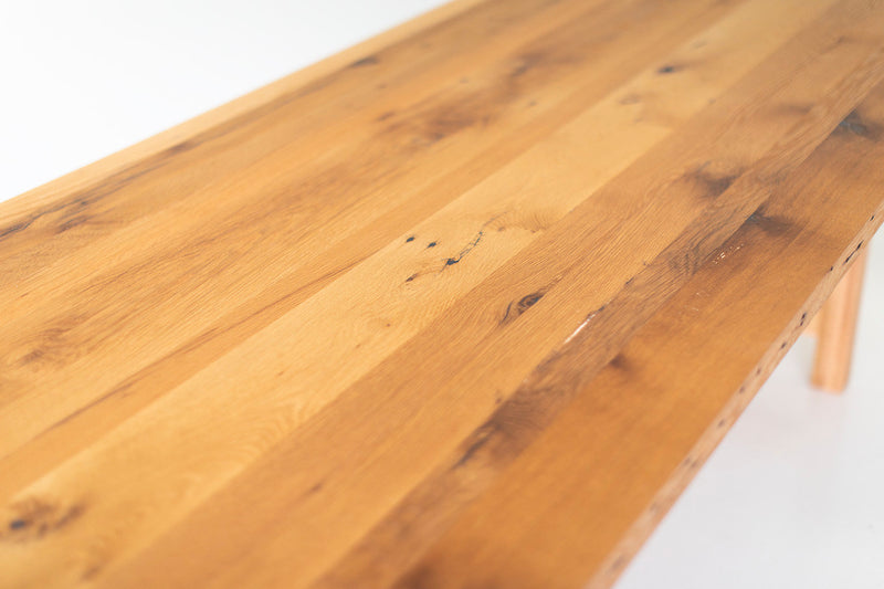 Modern luxury oak farmhouse dining table styled in a dining room