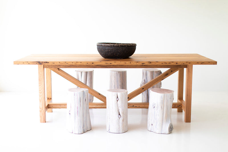 Angled detail of the handcrafted modern luxury oak farmhouse table