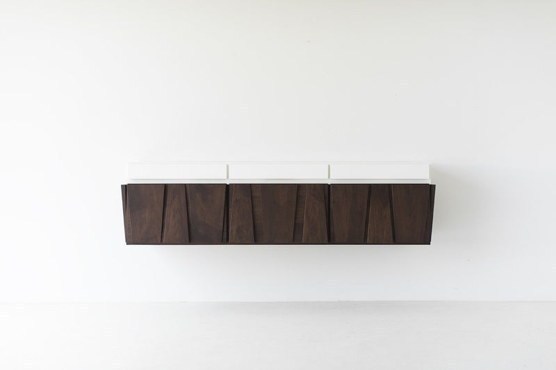 Floating walnut credenza by Craft Associates, front view
