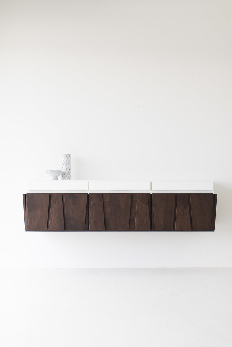 Side profile of the floating walnut credenza