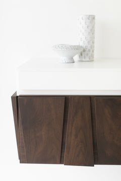 Close-up of the walnut wood grain on this floating credenza