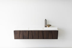 Floating credenza styled in a mid-century living room setting