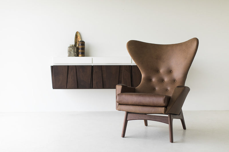 Close-up of the matte finish on the floating walnut credenza
