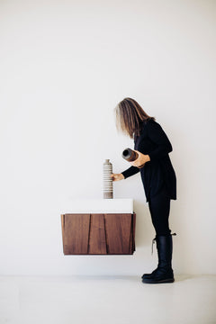 Side profile of the floating walnut nightstand