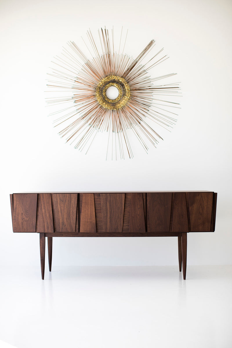 Detail of the door pulls on the modern walnut console