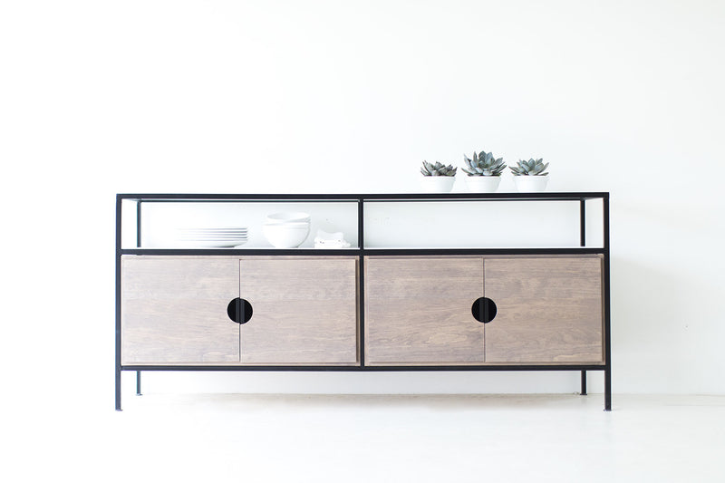 Modern luxury Cali credenza in weathered pine and steel by Bertu Home, front view