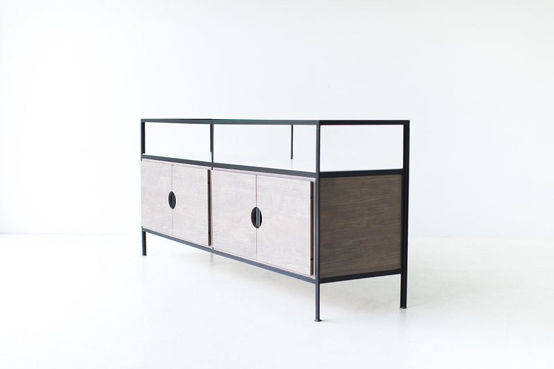 Modern luxury Cali credenza showing weathered pine cabinet and steel frame